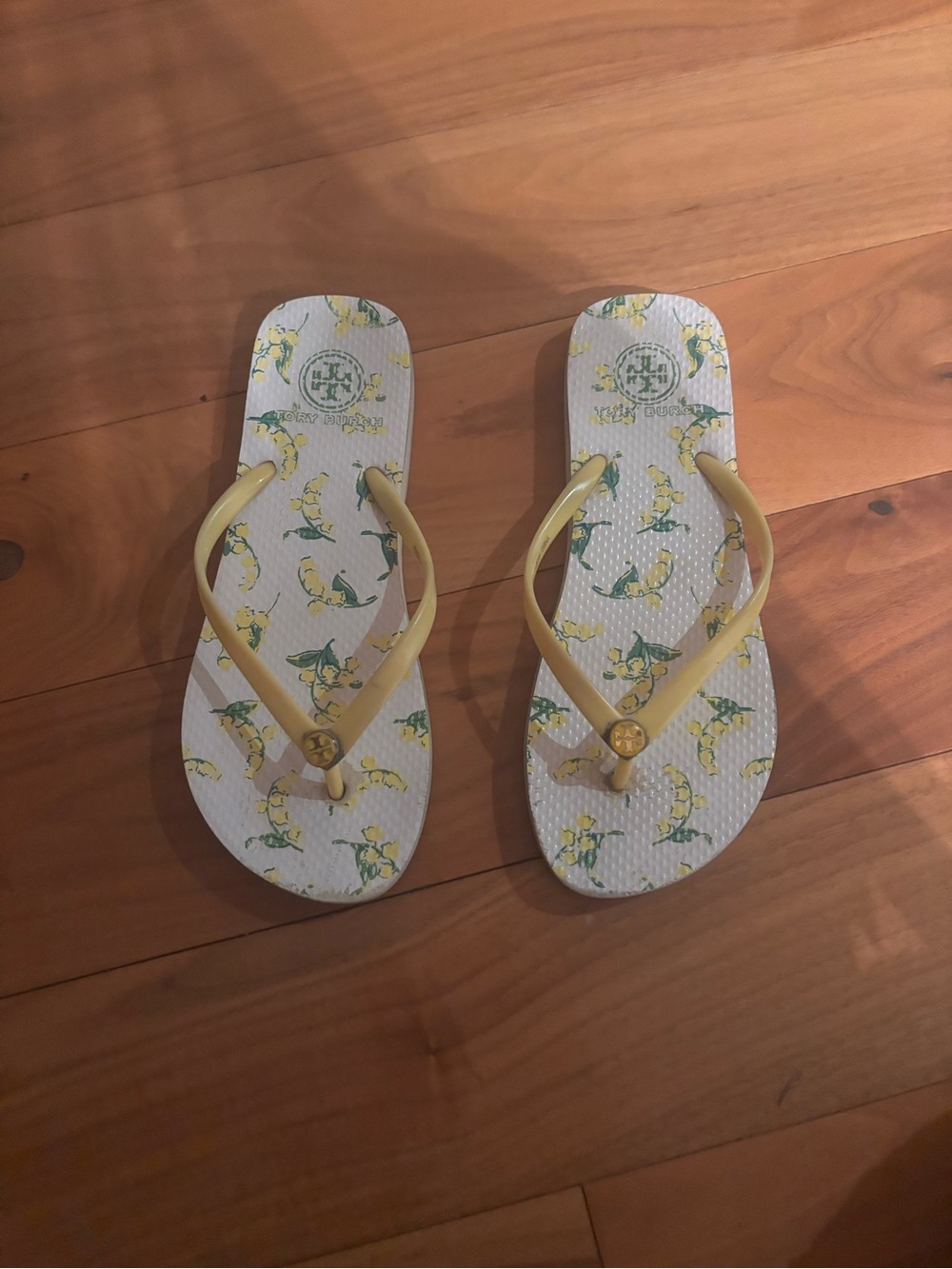 Tory Burch Yellow and White Floral Logo Flip Flops